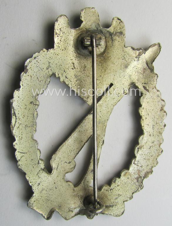 Attractive, 'Infanterie Sturmabzeichen in Silber' (or: silver-class infantry-assault-badge ie. IAB) being a non-maker-marked, so-called: 'solid-back- ie. copper-coated'-example as was (I deem) produced by the: 'R.A. Karneth u. Söhne'-company