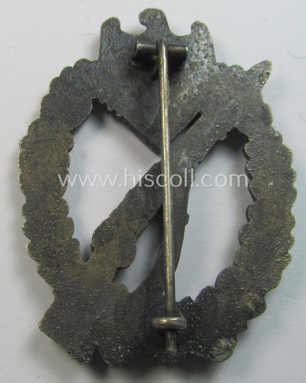 Attractive, 'Infanterie Sturmabzeichen in Silber' (or: silver-class infantry-assault-badge ie. IAB) being a non-maker-marked, so-called: 'solid-back- ie. copper-coated'-example as was (I deem) produced by the: 'E. Ferd. Wiedmann'-company