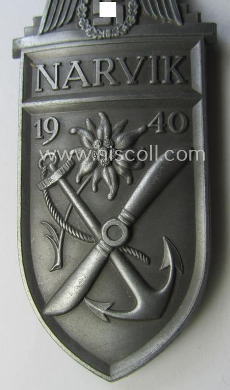 'Virtually mint' - albeit regrettably incomplete - example of a WH (Heeres, LW ie. Waffen-SS) 'Narvik'-campaign-shield as executed in typical: 'Feinzink' (as was presumably produced by the: 'Wilhelm Deumer'-company)