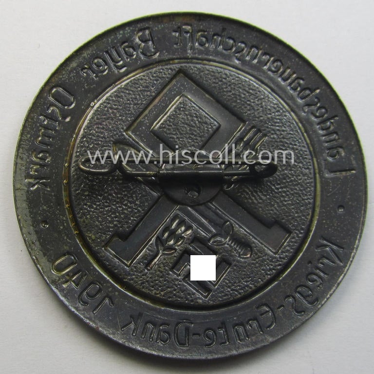 Unusually seen, 'Reichsnährstand'- (ie. 'RNSt.'-) related commemorative brooch (ie. 'Brosche') being a non-maker-marked example showing the text: 'Landesbauernschaft Bayern - Ostmark Kriegs-Ernte-Dank 1940'