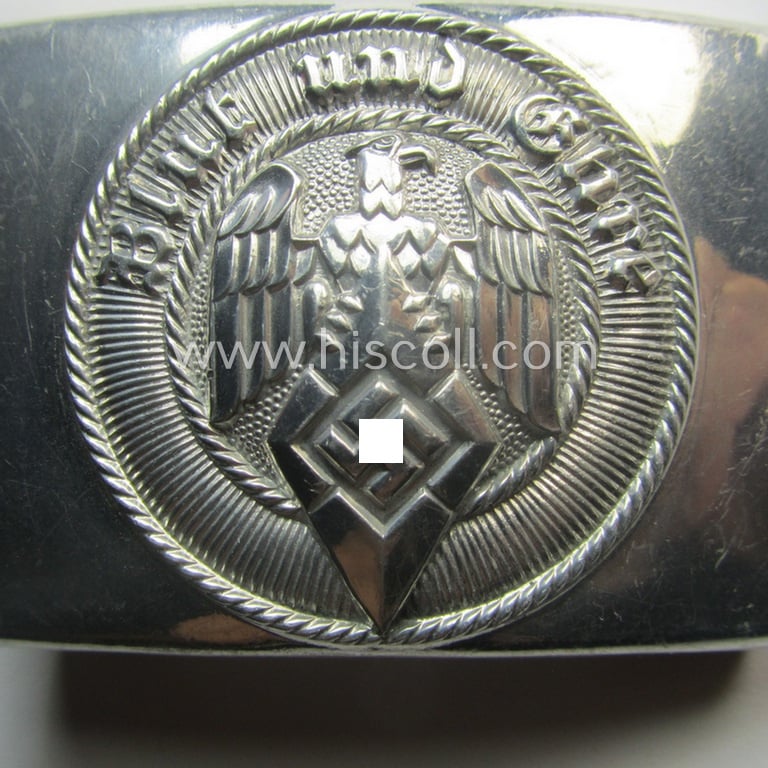 Superb - and virtually stonemint! - HJ (ie. 'Hitlerjugend') aluminium-based- (and/or unusually 'molded'-pattern!) belt-buckle being a maker- (ie. 'RzM M4/55'-) marked example that still retains its period 'RzM'-etiket