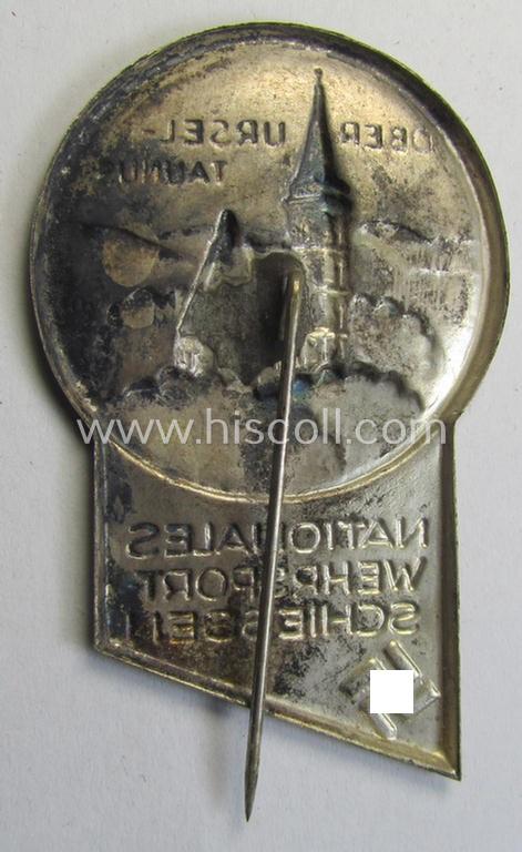 Commemorative, silver-coloured, N.S.D.A.P.-related 'tinnie' being a non-maker-marked example depicting a city-view coupled with a swastika and text: 'Oberursel - Taunus - Nationales Wehrsport-Schiessen'