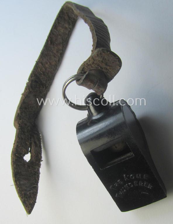 WH (Heeres, Kriegsmarine etc.) personal-equipment-item: a 'Bakelite'- (ie. resin-) based flute (ie. 'Dienstflöte') onto its original (brownish-coloured- and/or leather-based) lanyard