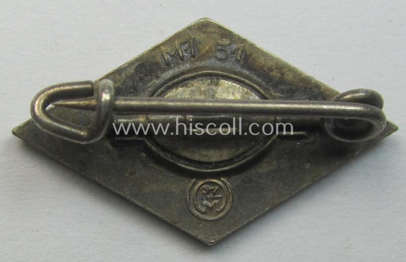 HJ (ie. 'Hitlerjugend') enamelled lapel-pin (ie.: 'Raute') with a: 'RzM - M1/34'-makers'-designation
