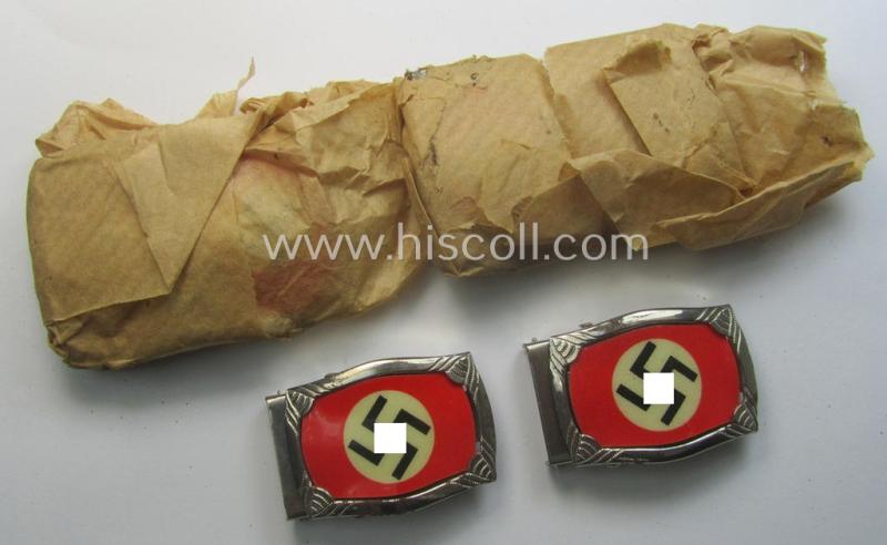 Attractive - and unusually seen! - smaller-sized, 'ornamented' and silver-toned (ie. chromed metal-based) patriotic belt-buckle (ie. 'N.S.D.A.P.'-supportive-piece) being a 'mint- ie. unissued' example that shows some (minimal) rust-staining