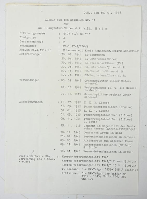 Signature of Wehrmacht/Waffen-SS KC-OLC Recipient 'Gerhard Hein'