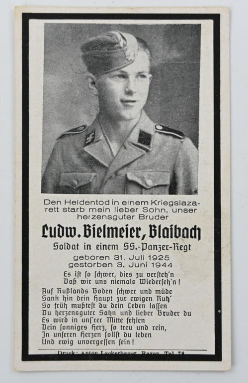 German Waffen-SS Panzer Regiment Death Card