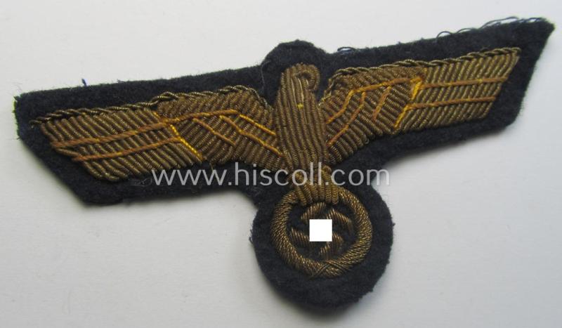 Superb - and just moderately used! - WH (Kriegsmarine) officers'-type, hand-embroidered breast-eagle (ie. 'Brustadler für Offiziere') as was executed in bright-golden-coloured braid as was intended for usage on the various officers'-pattern tunic...