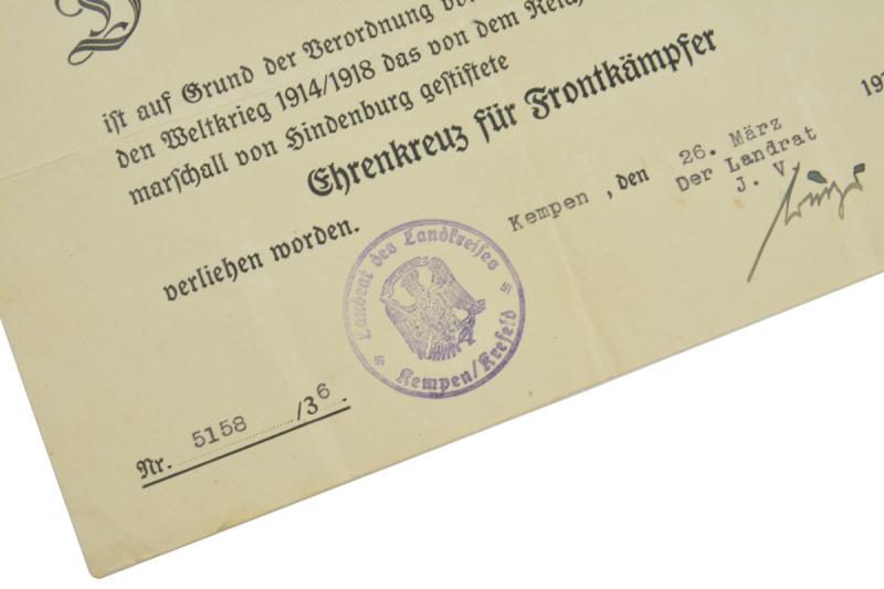 German Hindenburg Cross Certificate