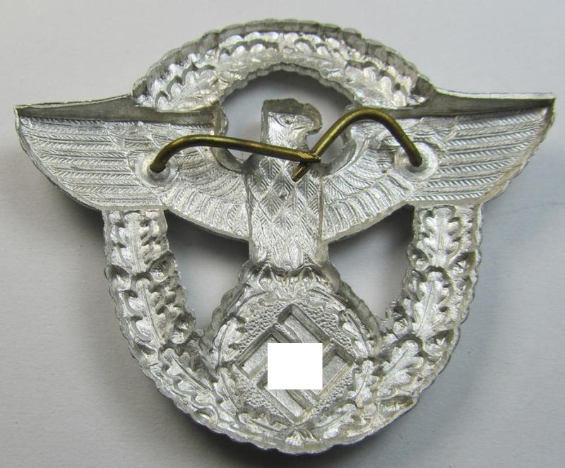 Attractive, 'standard-issue'-pattern - and aluminium-based - 'Polizei'- (ie. police) visor-cap eagle being a bright-silver-coloured- and non-maker-marked example as was intended for usage on the various 'Polizei' (ie. police) visor-caps
