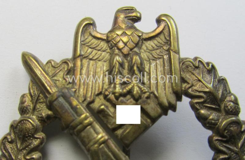 'Infanterie Sturmabzeichen in Silber' (or: silver-class infantry-assault-badge ie. IAB) being a 'Buntmetall'-based example by the: 'Otto Schickle'-company