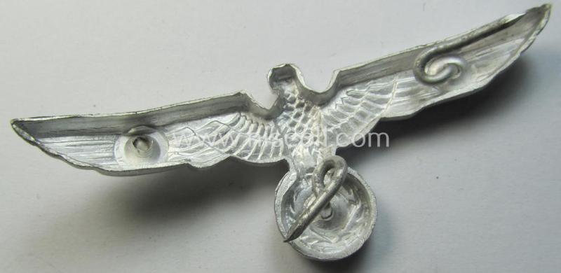 Neat, WH (Heeres) bright-silver-toned (ie. aluminium-based), EM- (ie. NCO- or officers') type visor-cap-eagle being a non-maker-marked example that comes in a just minimally used- ie. once cap-attached, condition