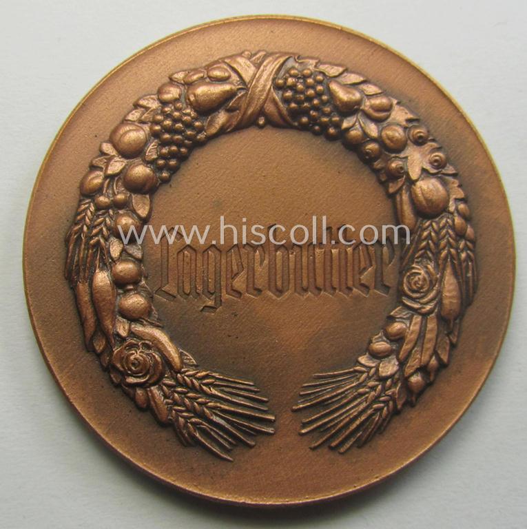 Reddish-bronze-toned, 'Reichsnährstand'- (ie. 'RNSt.'-) related, commemorative-award-plaque entitled: 'Reichsnährstands-Austellung - Blut und Boden - Leipzig 1939 - Lagerbutter' and that comes stored in its period etui