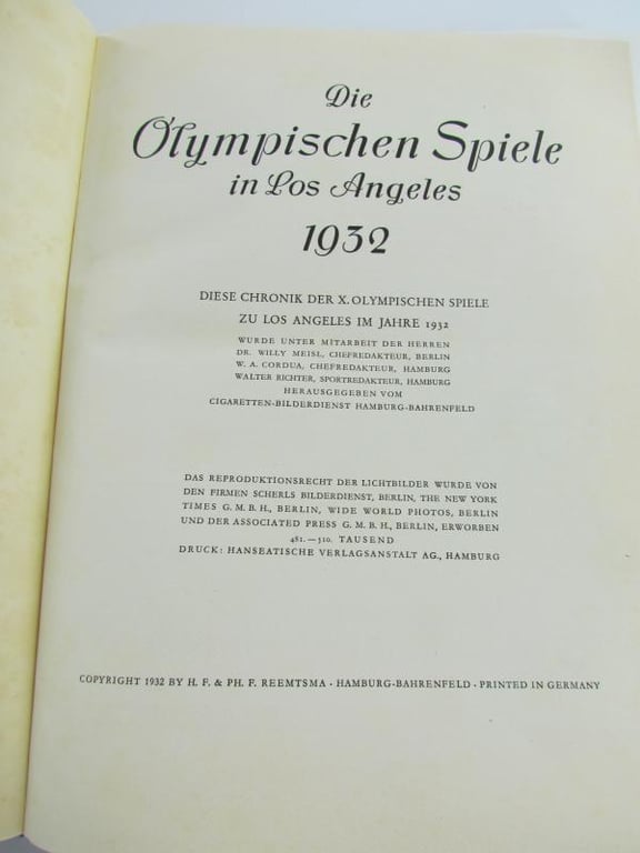 Olympia 1932 Hardbound Book Olympics Results