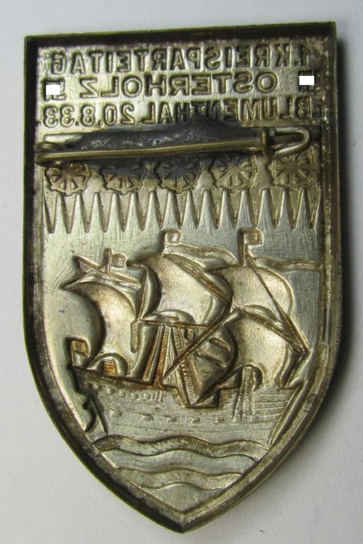 Attractive, bright silverish-toned- (and/or typical zinc-based) N.S.D.A.P.-related day-badge (ie. 'tinnie' or: 'Veranstaltungsabzeichen') as was issued to commemorate the: '1.Kreisparteitag - Osterholz i. Blumenthal - 20-8-33'