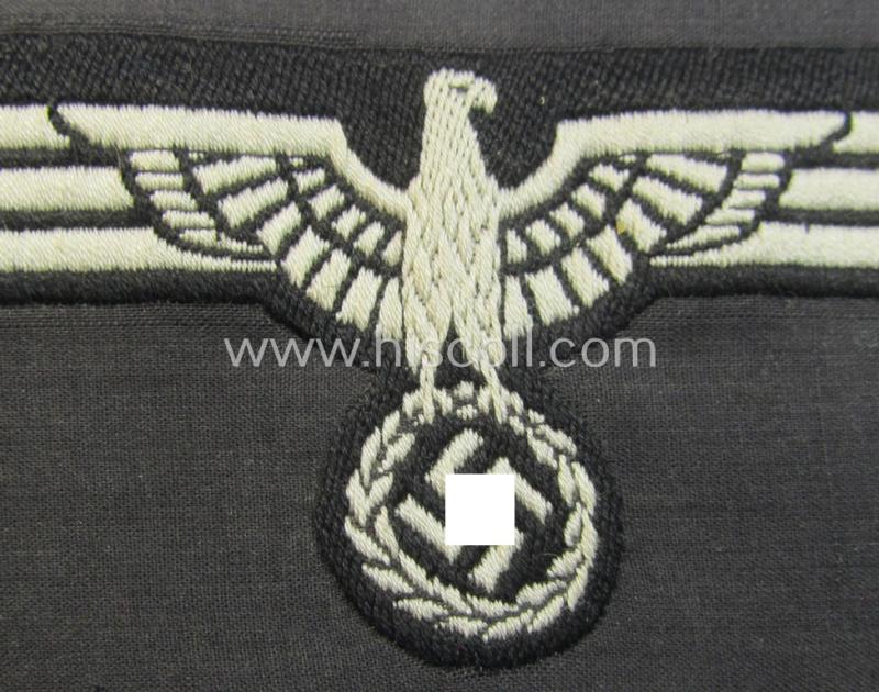 Neat, WH (Heeres) early- (ie. pre-) war-period- and/or white-coloured 'Panzer'-type breast-eagle of the so-called: 'M35'- (ie.'M36'-) pattern as was executed in the neat 'BeVo'-weave pattern on a black-coloured background