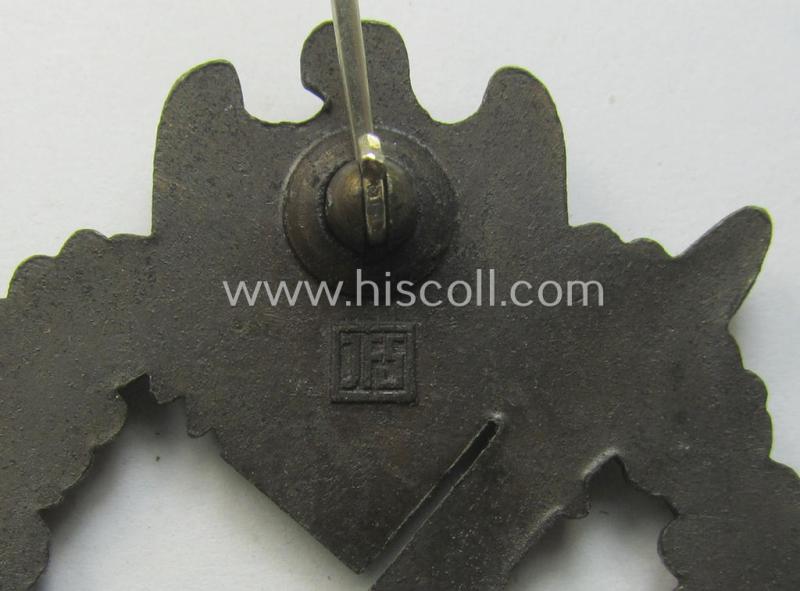 WH (Heeres- ie. Waffen-SS) 'Infanterie-Sturmabzeichen in Bronze' (or bronze-class IAB) being a neatly maker- (ie. 'JFS'-) marked example that comes stored in its (rarely seen!) 'Zellstoff'-based pouch