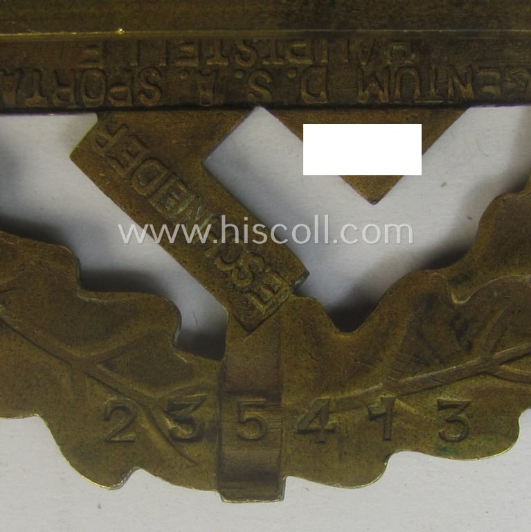 Early- (ie. pre-) war-period 'SA Sportabzeichen in Bronze' being a nicely maker- (ie. 'E. Schneider'-) marked example that bears a unique, stamped bearers'-number that reads: '235413' on its back