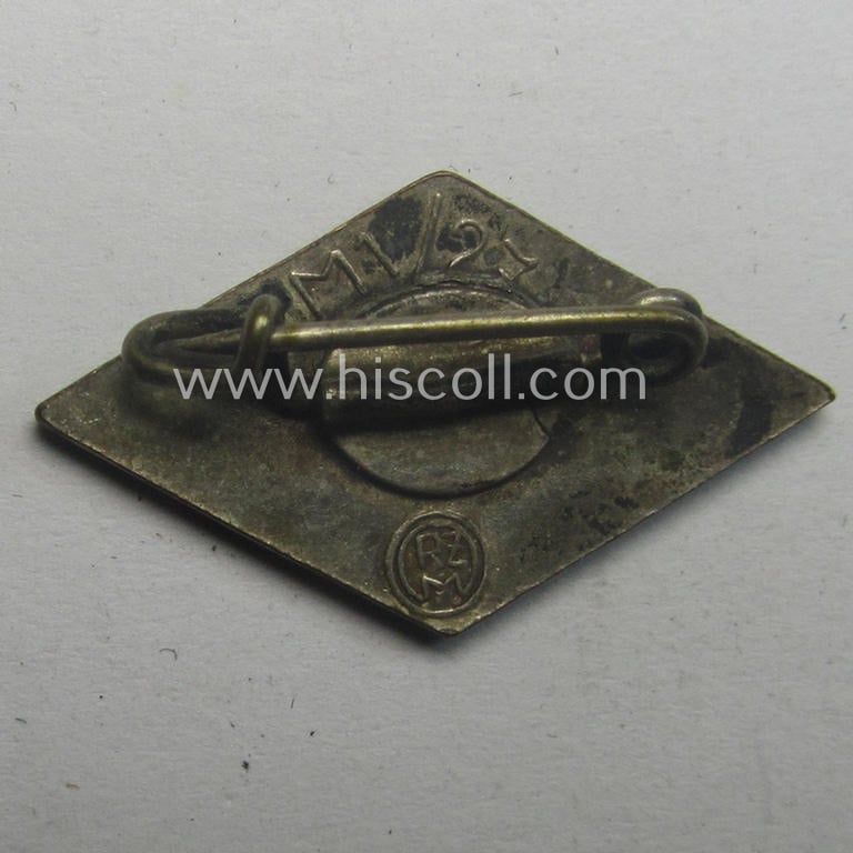 HJ (ie. 'Hitlerjugend') enamelled lapel-pin (ie.: 'Raute') with a: 'RzM - M1/27'-makers'-designation