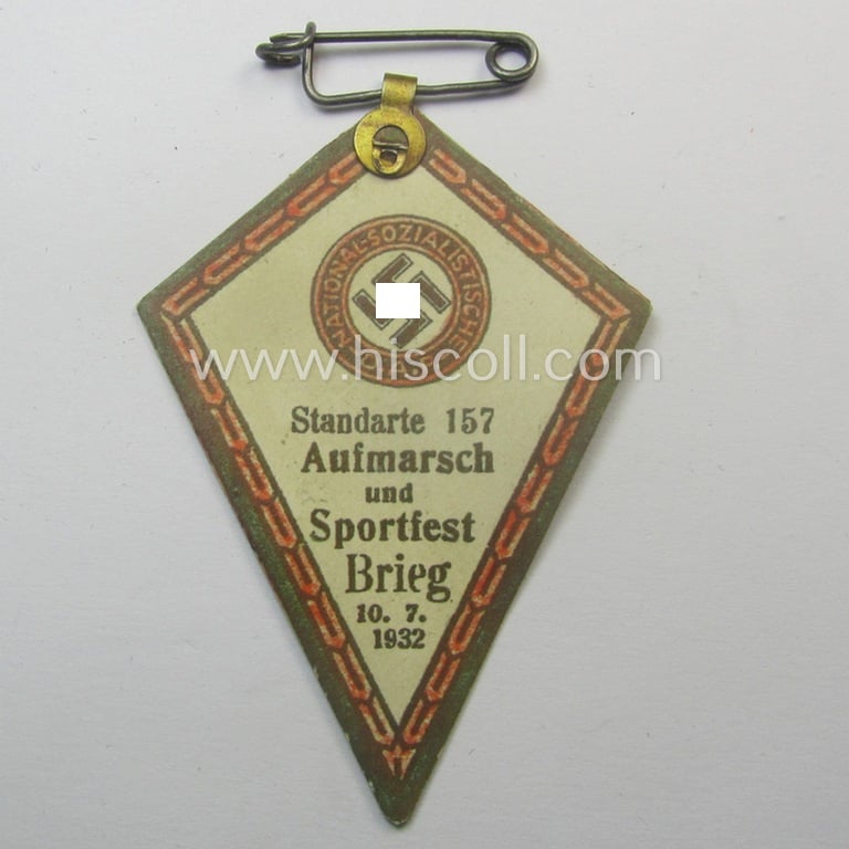 Commemorative - very rarely found and early-period! - carton-based: 'N.S.D.A.P.'-related 'tinnie' entitled: 'Standarte 157 - Aufmarsch und Sportfest Brieg - 10.7.1932'