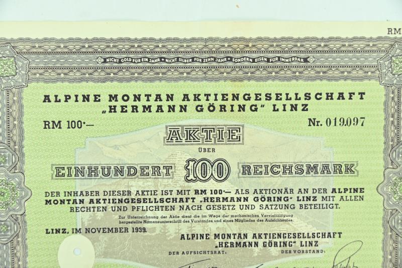 German Third Reich Certificate Alpine Montan AG "Hermann Göring" Linz