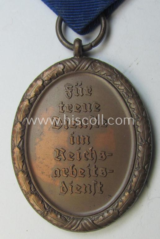 Attractive example of a: RAD (ie. 'Reichsarbeitsdienst'): 'Dienstauszeichnung 4. Stufe für Männer' as was intended for 4 years loyal-service and that comes mounted onto its period (broad-sized) ribbon (ie. 'Bandabschnitt')