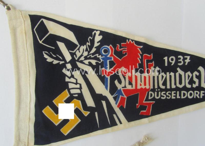 'Patriotic-styled'- and/or truly nicely executed! - multi-coloured, TR-period vehicle- ie. bicycle-flag (ie. 'Fahrrad-Fahne') depicting a lion, anchor, hammer and oakleaves, swastika and text: '1937 - Schaffendes Volk - Düsseldorf'