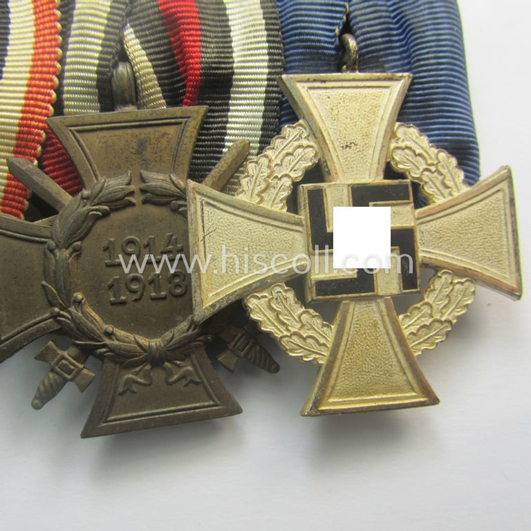 Unusual, 3-pieced 'WWI'- (ie. TR-) related medal-bar (ie. 'Ordenspange') resp. depicting a: 'KvK II. Klasse ohne Schwn.', a: 'FKK 1914-18 mit Schwn.' and a: 'Treuedienst Ehrenzeichen 2. Kl.'