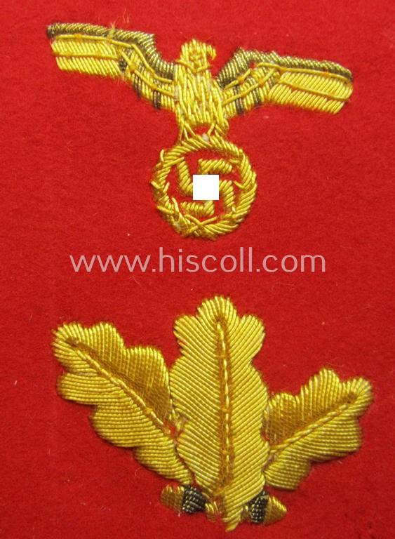 Interesting - and matching! - pair of N.S.D.A.P.-type collar-patches (ie. 'Kragenspiegel für pol. Leiter') being a pair of so-called: 'Halbfabrikate' as was intended for an official at 'Gau'-level and that comes in a clearly unfinished conditio...