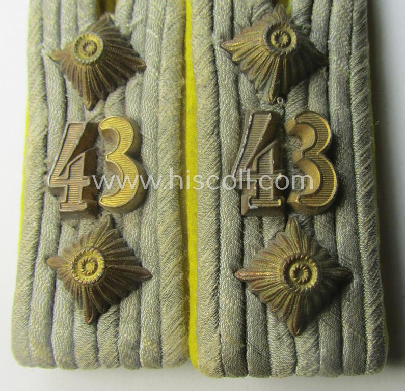 Attractive - and fully matching! - pair of 'cyphered', WH (Heeres) officers'-pattern shoulderboards as piped in the bright-yellow-toned branchcolour as was specifically intended for a: 'Hauptmann des Nachrichten-Abtgs. 43'