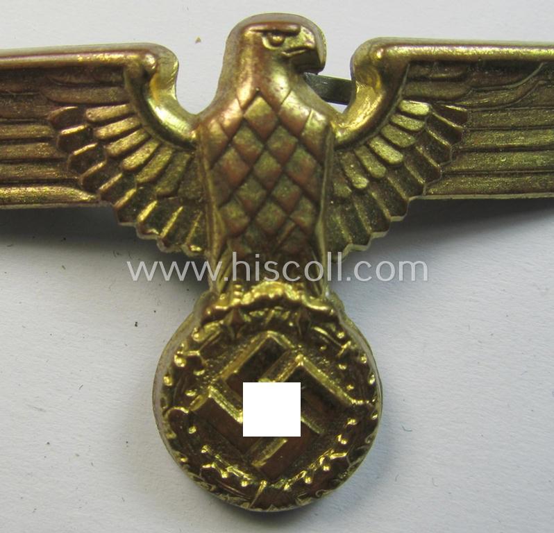 Attractive - bright-golden-toned- and/or: typical 'Feinzink'-based - (political-style) visor- (ie. 'Schirmmützen'-) cap-eagle being a detailed example that is neatly: 'RzM' and/or 'M1/8' marked on its back