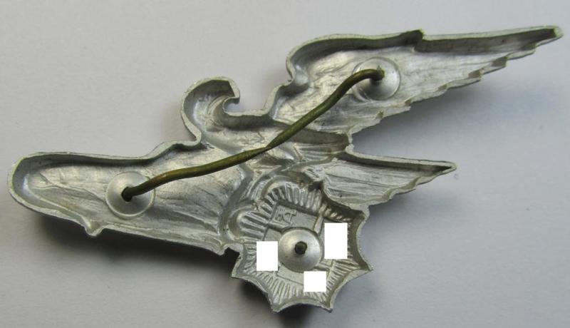 Attractive - and scarcely encountered! - officers'- (ie. evt. NCO-) pattern, aluminium-based so-called: 'Luftschutz' (ie. RLB-) visor-cap eagle being a maker- (ie. 'HA'-) marked example as was produced by the 'H. Aurich'-company