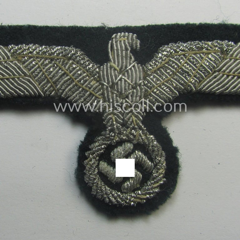 WH (Heeres) officers'-type, hand-embroidered breast-eagle (ie. 'Brustadler für Offiziere') as was executed in bright-silverish-coloured braid as was intended for usage on the various officers'-pattern tunics