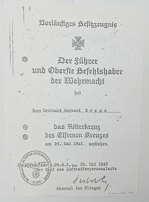 Signature of Luftwaffe KC Recipient 'Gerhard Krems'