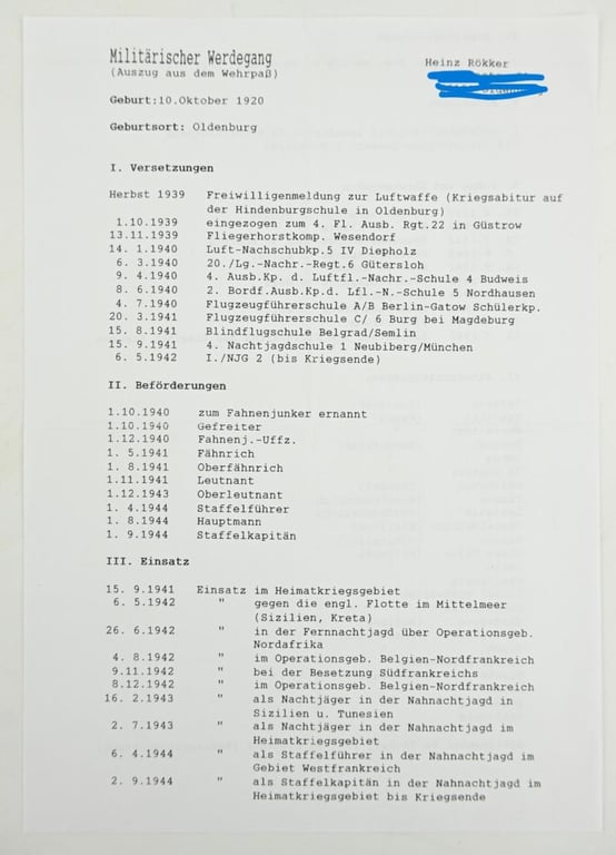 Signature of Luftwaffe KC Recipient 'Heinz Rökker'