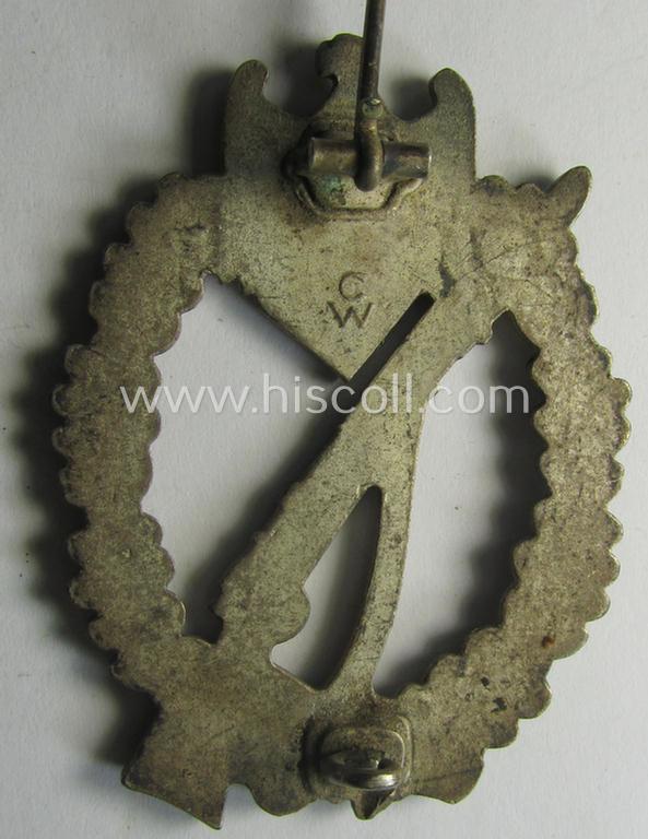Attractive, 'Infanterie-Sturmabzeichen in Silber' (or: silver-class infantry-assault badge ie. IAB) being a neatly maker- (ie. 'C.W'- or: 'Carl Wild'-) marked example as executed in truly 'frosted', silverish-coloured 'Feinzink'