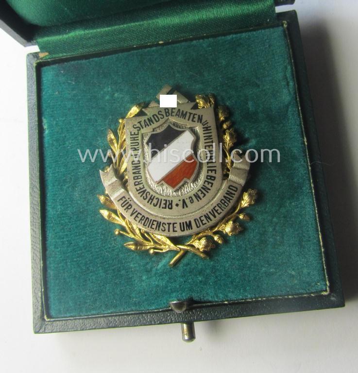 Genuine silver-based(!) honorary-badge (ie. 'Ehrenzeichen des Reichsverbandes d. Ruhestandsbeamten u. Hinterbliebenen e.V.') being a maker- (ie. 'H. Timm - Berlin'-) marked example that came stored in its period etui