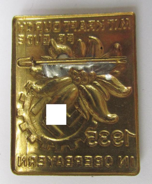 Commemorative- and/or tin-based- 'DAF'- (ie. 'Deutsches Arbeitsfront'-) related 'tinnie', being a non-maker-marked example, showing an 'Edelweiss'-flower and/or DAF-swastika-device and the text: 'Mit Kraft durch Freude in Oberbayern - 1935'