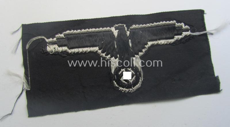 Mid- (ie. later-war-) pattern, 'SS' (ie. 'Waffen-SS') so-called: 'BeVo-weave-style', enlisted-mens'- ie. NCO-pattern arm-eagle (ie. 'Ärmeladler für Mannschaften u. Unterführer') as was intended for usage by the various Waffen-SS-troops