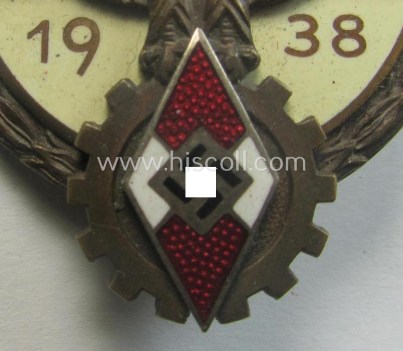 'HJ'- ('Hitlerjugend') ie. 'BDM'- ('Bund Deutscher Mädel') related: 'Reichsberufswettkampf-Siegerabzeichen': 'Kreissieger 1938' marked: 'G. Brehmer'