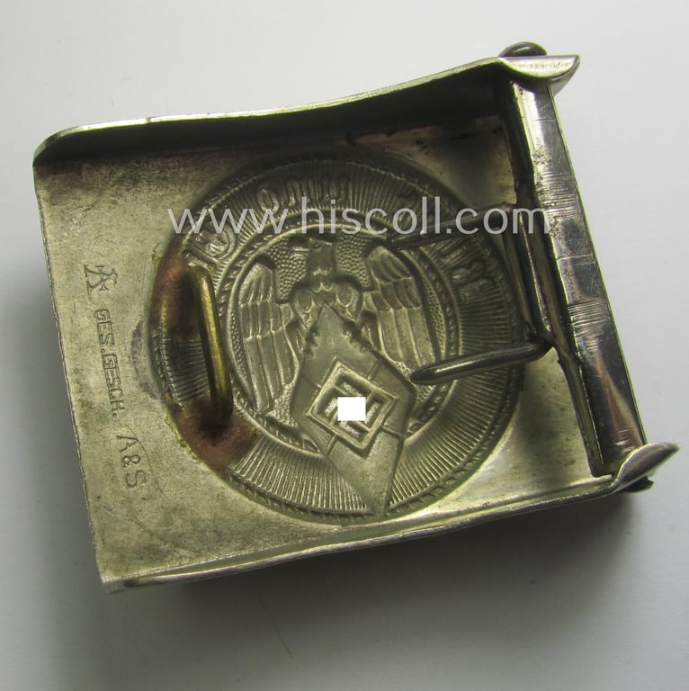 HJ (ie. 'Hitlerjugend') nickle-chrome-based belt-buckle being a neatly (double!) maker (ie. 'A'-logo and 'A&S' thus by 'Assmann & Söhne') marked specimen