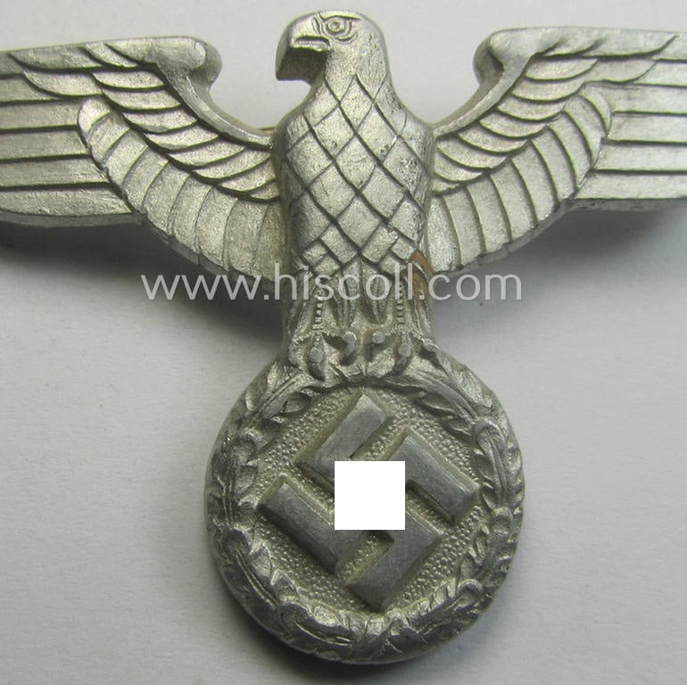 Bright-silver-coloured- and/or: aluminium-based (political-style) visor- (ie. 'Schirmmützen'-) cap-eagle being a detailed example that is neatly: 'RzM' and/or: 'M1/111' marked on its back