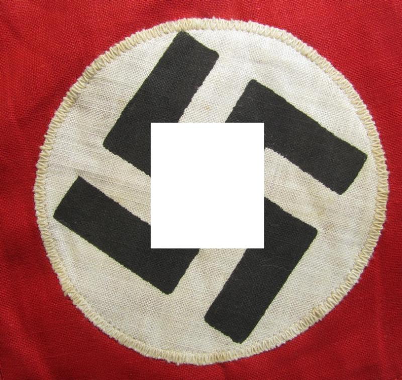 Attractive, medium-sized N.S.D.A.P.-related so-called: 'Fahrradfahne' (being fabricated in typical, linnen-based- and/or printed fabric) and that comes in an overall nice, albeit moderately used, condition)