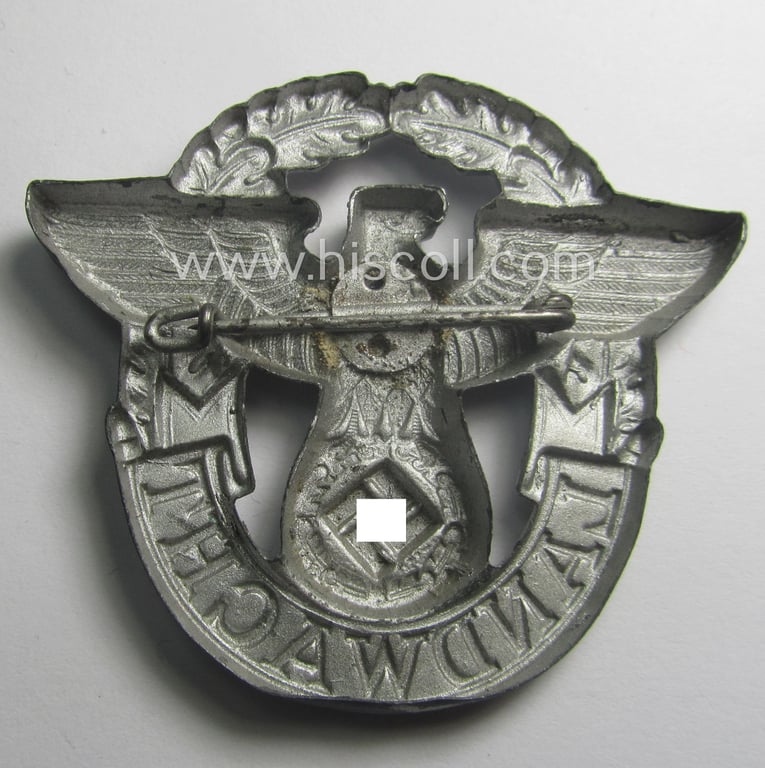 Typical zinc- ie. 'Feinzink'-based - 'Polizei'- (ie. police) eagle-badge being a silverish-grey-coloured- and/or non-maker-marked example depicting the text: 'Landwacht'