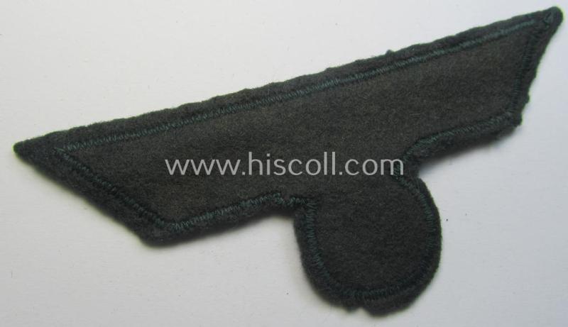 WH (Heeres) breast-eagle as executed in 'BeVo'-type-, so-called: 'flat-wire'-weave-pattern and pre-mounted on darker-green-coloured wool as was specifically intended for usage by soldiers (ie. NCOs) on their dress-tunics (ie. 'Waffenröcke')