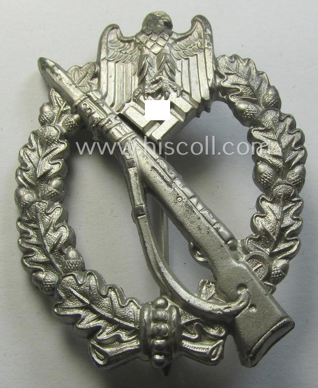 Stunning - and 'virtually mint'! - 'Infanterie Sturmabzeichen in Silber' being a maker- (ie. 'W.H.'-) marked, 'solid-back' example by the Austrian-based maker: 'Wilhelm Hobacher' as was executed in bright silver-coloured, zinc-based metal