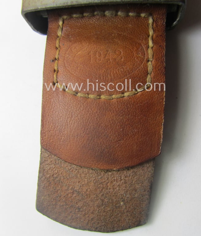 RLB (ie. 'Reichsluftschutz-Bund'), steel-based EM- (ie. NCO-) type belt-buckle (of the third- and final pattern) being a non-maker-marked example that comes mounted onto its maker-marked and/or: '1942'-dated tab