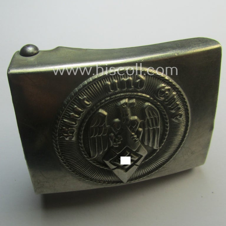 HJ (ie. 'Hitlerjugend') nickle-chrome-based belt-buckle being a neatly (double!) maker (ie. 'RzM 17' and/or 'A' ie. 'Assmann & Söhne') marked specimen