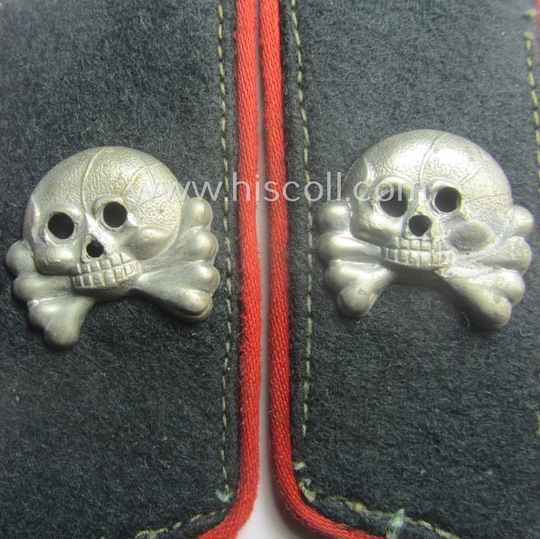 Superb, mid- (ie. later-) war-period - and fully matching! - pair of WH (Heeres) woolen-based- and/or bright-red-piped: 'Sturmgeschütze'-collar-tabs each having a 'Feinzink'-based and 'two-pronged' skull-device (ie. 'Totenkopf') period-attached