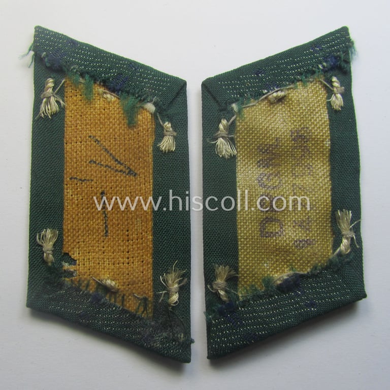 Pair of WH (Heeres) later-war-pattern, officers'-type collar-tabs (ie. 'Kragenspiegel für Offiziere') as entirely executed in 'BeVo'-weave pattern as was intended for an officer serving within the: 'Sanitäter-Trpn.'